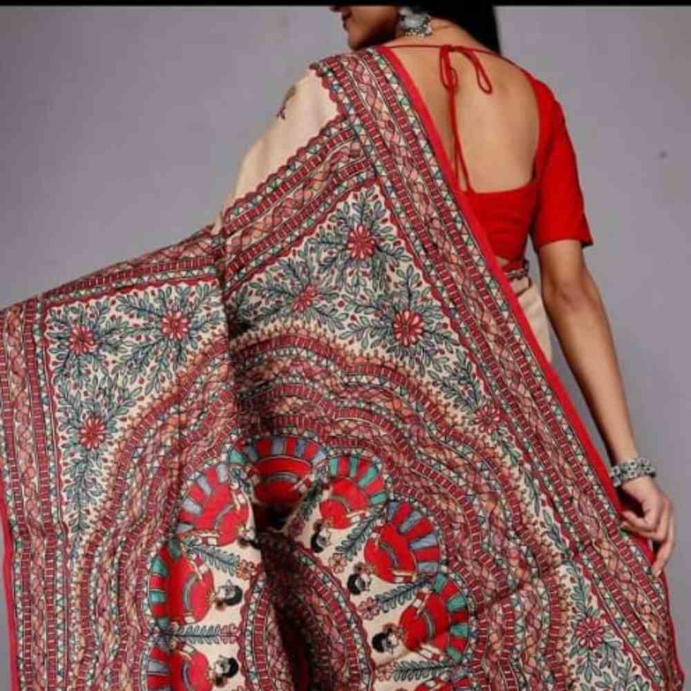 Scarlet Symphony: Red Madhubani Print Saree